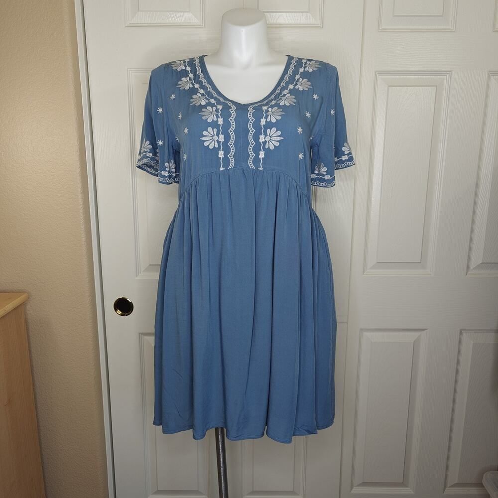 Polagram embroidered floral boho short sleeve dress sz L - Picture 2 of 10